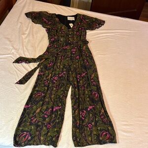 Anthropologie Olive Green Floral Wide-Leg Jumpsuit with Pink Accents